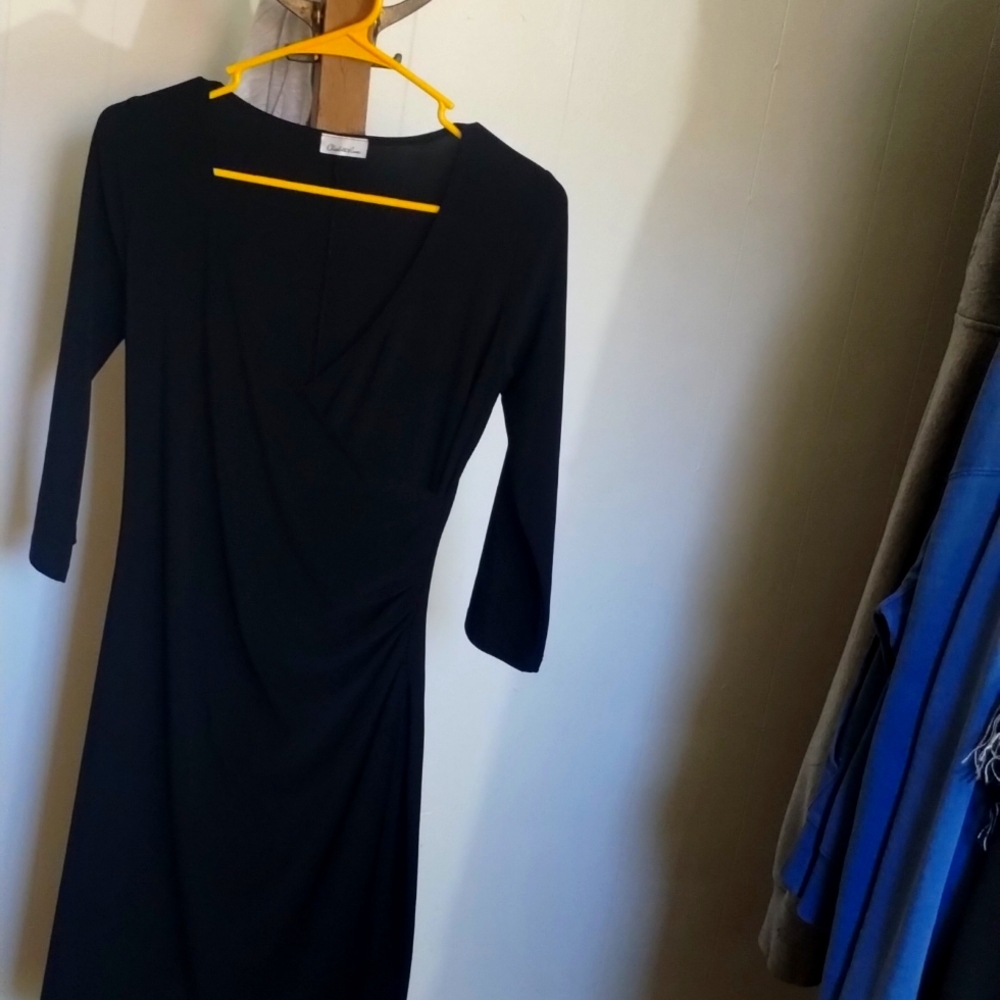 Black dress with gray overcoat